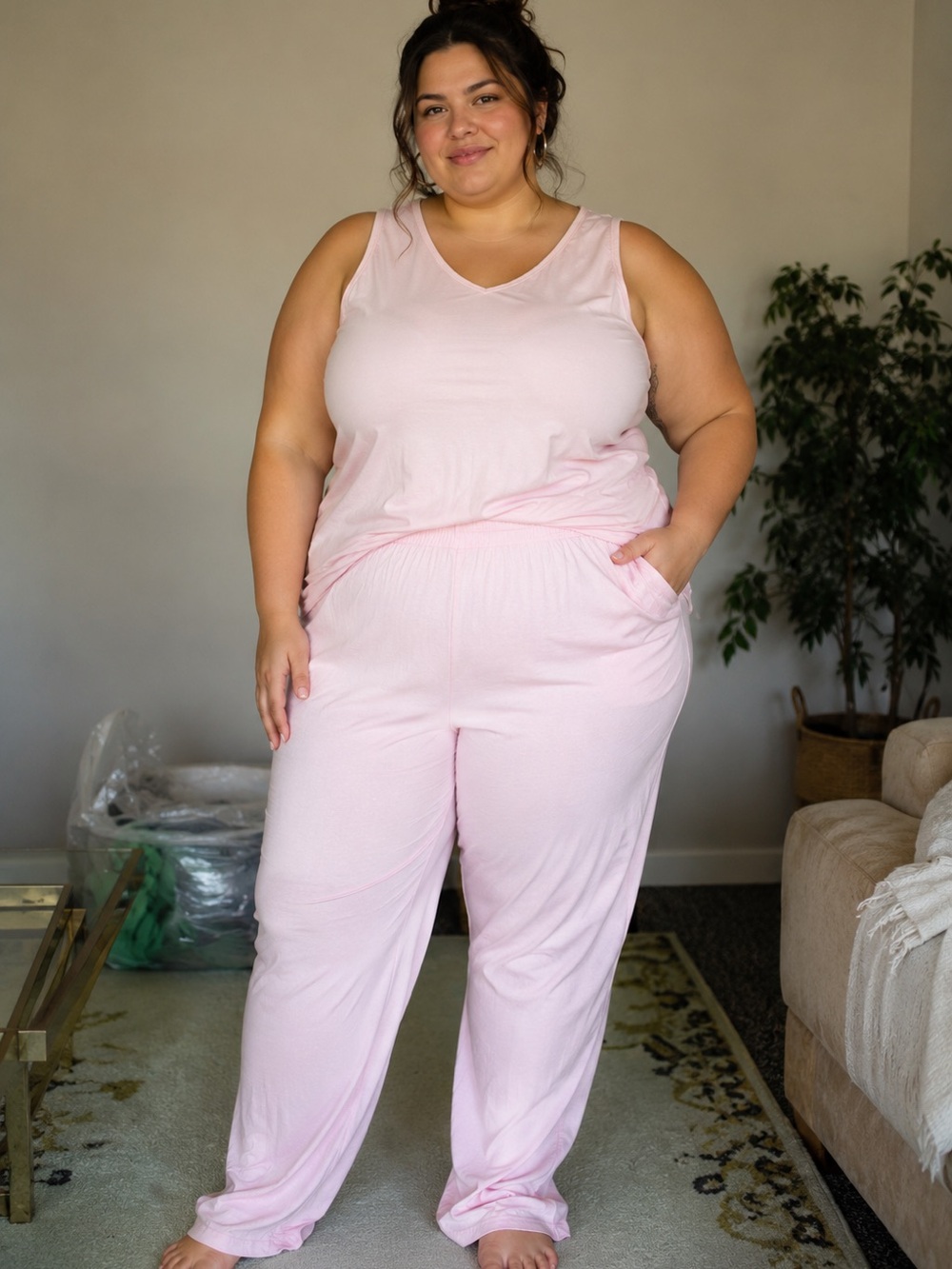 Everyday Plus-Size Sleeveless Pajama Set - Light Pink